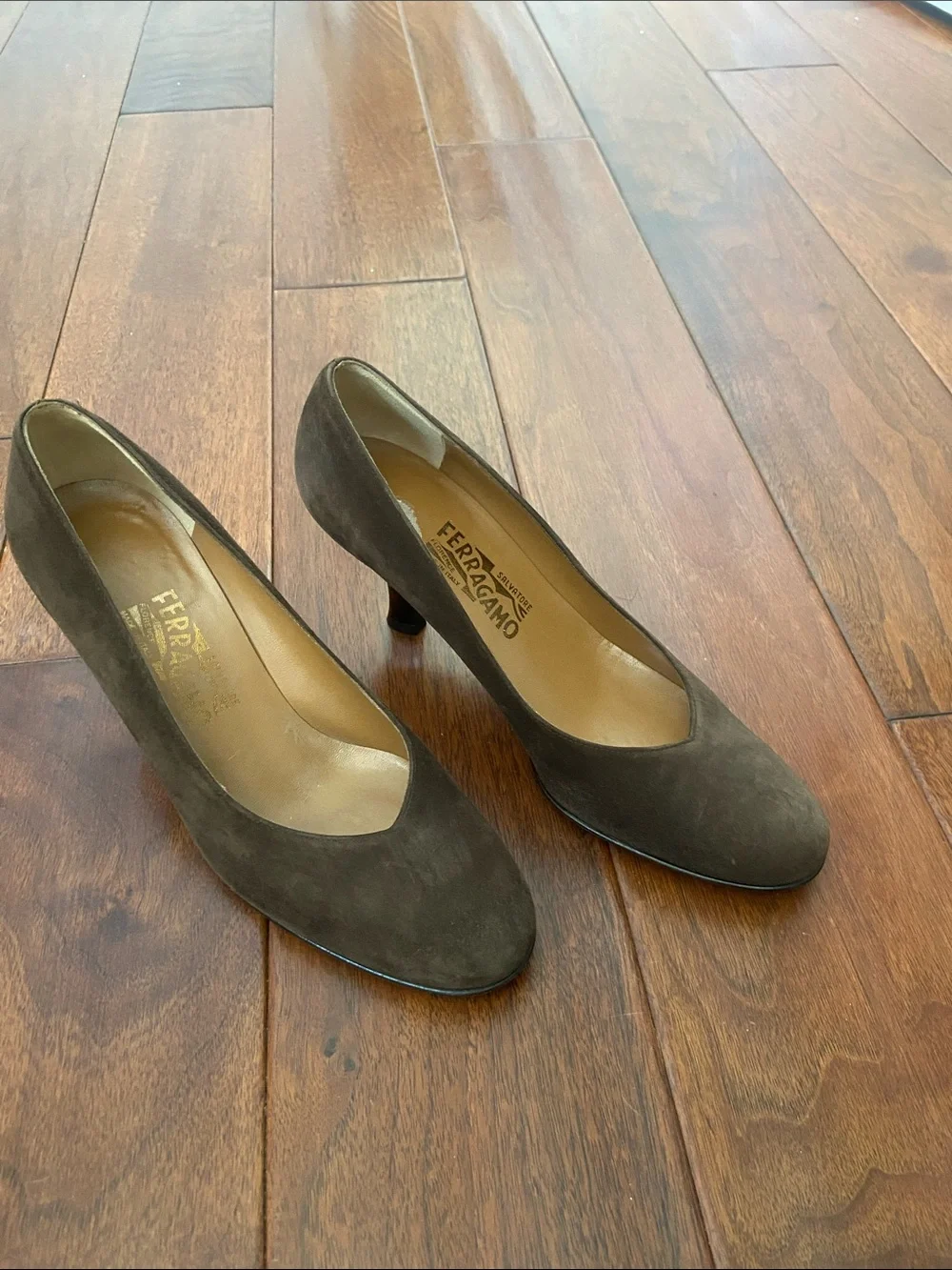 Salvatore Ferragamo Brown Suede Pumps with Lucite Heels
